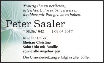Traueranzeige von Peter Saaler von WVG - Wochenspiegel Bitterfeld