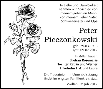 Traueranzeige von Peter Pieczonkowski von Mitteldeutsche Zeitung Bitterfeld