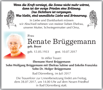 Traueranzeige von Renate Brüggemann von Mitteldeutsche Zeitung Merseburg/Querfurt