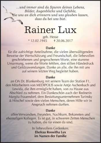 Traueranzeige von Rainer Lux von Mitteldeutsche Zeitung Halle/Saalkreis