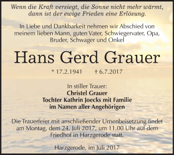 Traueranzeige von Hans Gerd Grauer von WVG - Wochenspiegel Quedlinburg