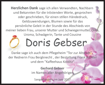 Traueranzeige von Doris Gebser von Mitteldeutsche Zeitung Sangerhausen