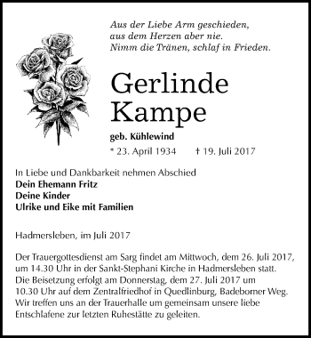 Traueranzeige von Gerlinde Kampe von Mitteldeutsche Zeitung Quedlinburg