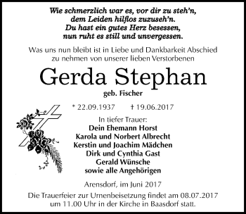 Traueranzeige von Gerda Stephan von Mitteldeutsche Zeitung Köthen