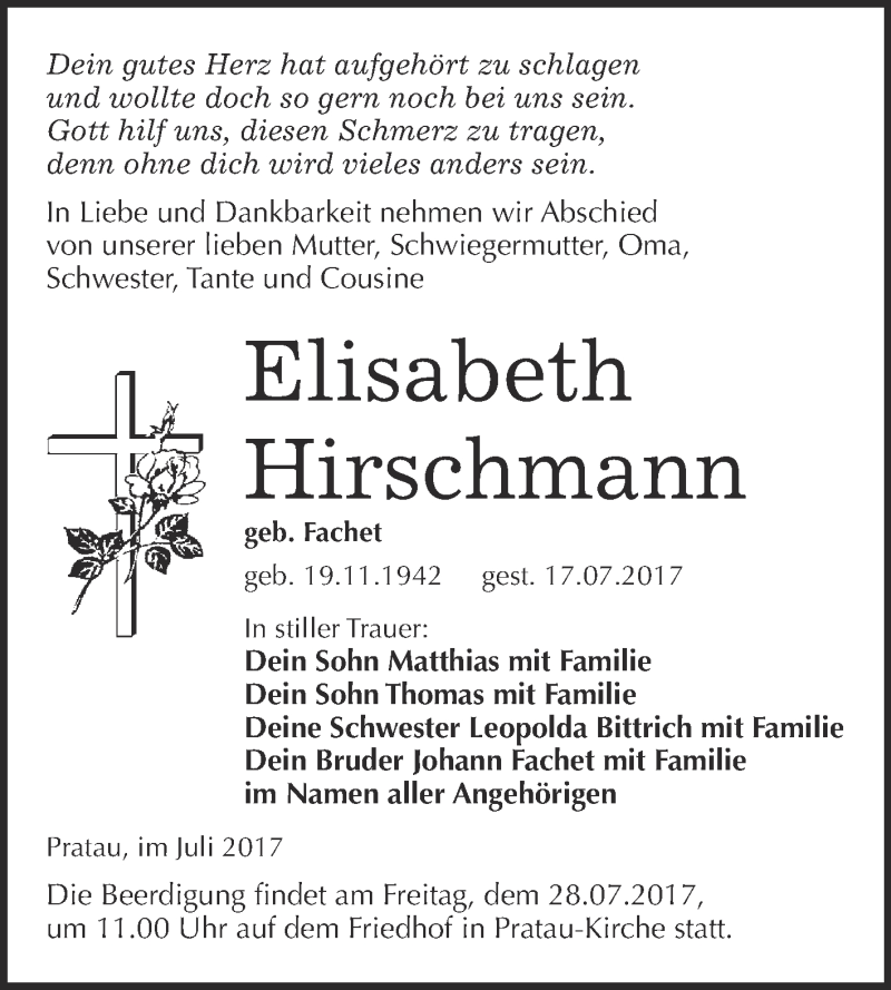  Traueranzeige für Elisabeth Hirschmann vom 22.07.2017 aus WVG - Wochenspiegel Wittenberg