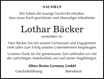 Traueranzeige von Lothar Bäcker von Mitteldeutsche Zeitung