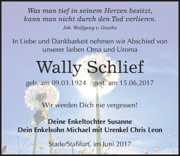 Traueranzeige von Wally Schlief von Mitteldeutsche Zeitung Bernburg