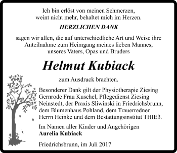 Traueranzeige von Helmut Kubiack von Mitteldeutsche Zeitung Quedlinburg