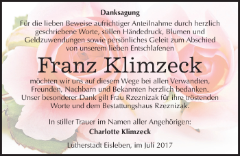 Traueranzeige von Franz Klimzeck von Mitteldeutsche Zeitung Mansfelder Land