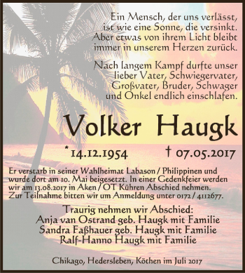 Traueranzeige von Volker Haugk von WVG - Wochenspiegel Dessau / Köthen