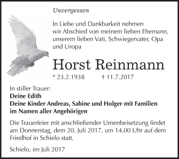 Traueranzeige von Horst Reinmann von WVG - Wochenspiegel Quedlinburg