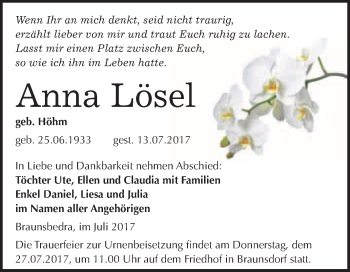 Traueranzeige von Anna Lösel von WVG - Wochenspiegel Merseburg