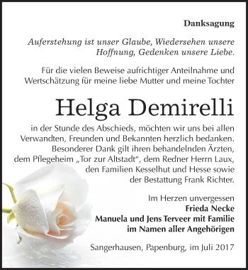 Traueranzeige von Helga Demirelli von Mitteldeutsche Zeitung Sangerhausen