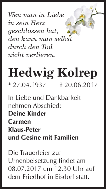 Traueranzeige von Hedwig Kolrep von Mitteldeutsche Zeitung Mansfelder Land
