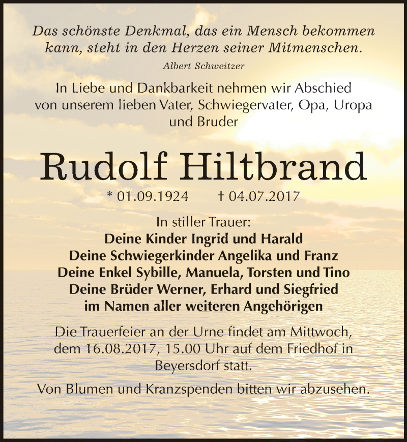  Traueranzeige für Rudolf Hiltbrand vom 15.07.2017 aus Mitteldeutsche Zeitung Bitterfeld