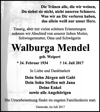 Traueranzeige von Walburga Mendel von WVG - Wochenspiegel Quedlinburg