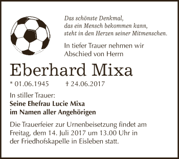 Traueranzeige von Eberhard Mixa von Super Sonntag SGH Mansf. Land