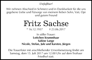 Traueranzeige von Fritz Sachse von Mitteldeutsche Zeitung Halle/Saalkreis