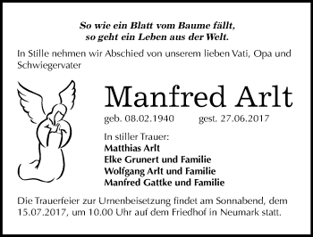 Traueranzeige von Manfred Arlt von Mitteldeutsche Zeitung Merseburg/Querfurt