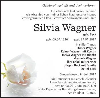Traueranzeige von Silvia Wagner von Mitteldeutsche Zeitung Sangerhausen