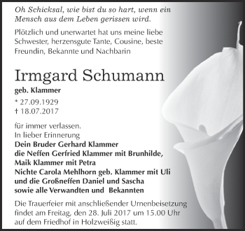 Traueranzeige von Irmgard Schumann von WVG - Wochenspiegel Bitterfeld