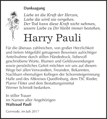 Traueranzeige von Harry Pauli von Super Sonntag Quedlinburg