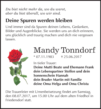 Traueranzeige von Mandy Tonndorf von Mitteldeutsche Zeitung Bitterfeld