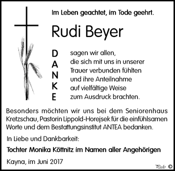 Traueranzeige von Rudi Beyer von Mitteldeutsche Zeitung Zeitz