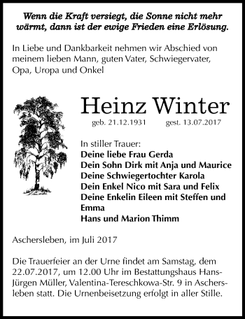 Traueranzeige von Heinz Winter von Mitteldeutsche Zeitung Aschersleben