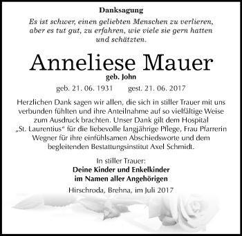 Traueranzeige von Anneliese Mauer von Mitteldeutsche Zeitung Naumburg/Nebra