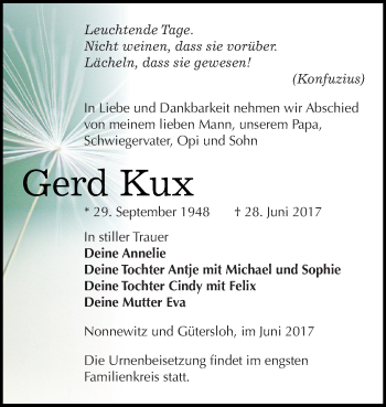 Traueranzeige von Gerd Kux von Super Sonntag Zeitz