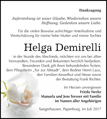 Traueranzeige von Helga Demirelli von Super Sonntag SGH Mansf. Land