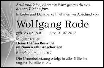 Traueranzeige von Wolfgang Rode von Mitteldeutsche Zeitung Bitterfeld