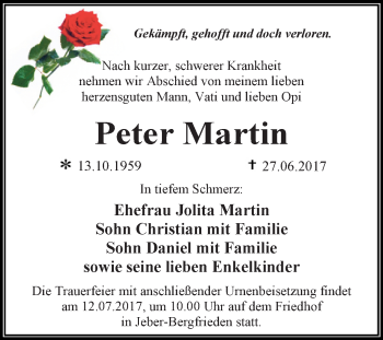 Traueranzeige von Peter Martin von WVG - Wochenspiegel Dessau / Köthen
