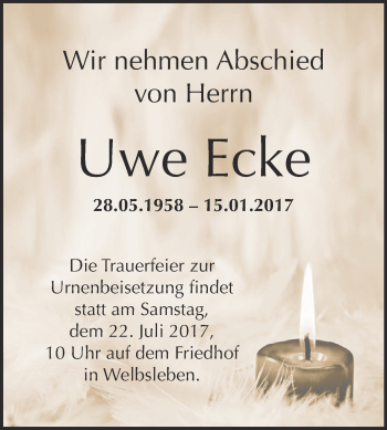 Traueranzeige von Uwe Ecke von Wochenspiegel Mansfelder Land