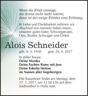 Traueranzeige von Alois Schneider von Mitteldeutsche Zeitung Halle/Saalkreis