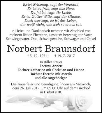 Traueranzeige von Norbert Braunsdorf von WVG - Wochenspiegel Dessau / Köthen
