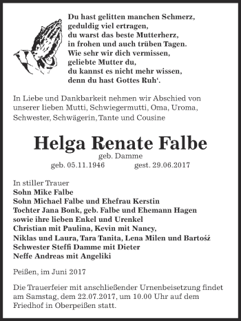 Traueranzeige von Helga Renate Falbe von Super Sonntag Bernburg