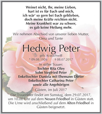 Traueranzeige von Hedwig Peter von Super Sonntag Bernburg