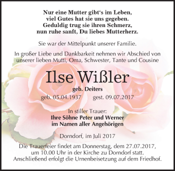 Traueranzeige von Ilse Wißler von Mitteldeutsche Zeitung Naumburg/Nebra