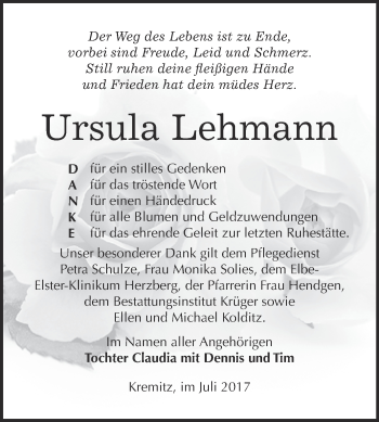 Traueranzeige von Ursula Lehmann von WVG - Wochenspiegel Wittenberg