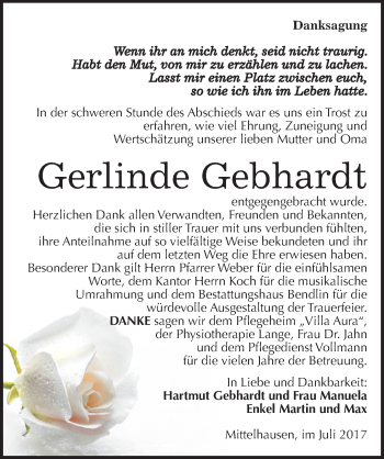 Traueranzeige von Gerlinde Gebhardt von Mitteldeutsche Zeitung Sangerhausen