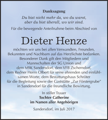 Traueranzeige von Dieter Henze von WVG - Wochenspiegel Bitterfeld