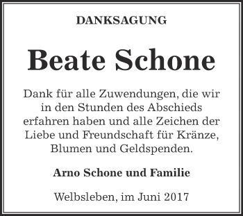 Traueranzeige von Beate Schone von Super Sonntag Aschersleben