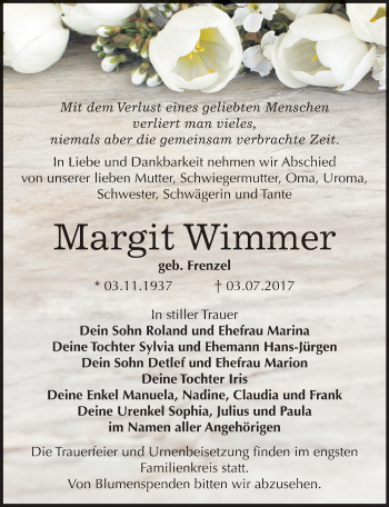 Traueranzeige von Margit Wimmer von Mitteldeutsche Zeitung Bitterfeld