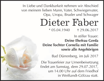 Traueranzeige von Dieter Faber von Super Sonntag Merseburg