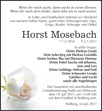 Traueranzeige von Horst Mosebach von Mitteldeutsche Zeitung Sangerhausen