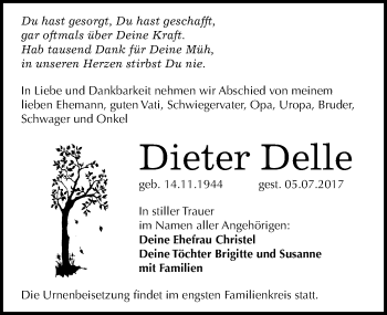Traueranzeige von Dieter Delle von Mitteldeutsche Zeitung Mansfelder Land