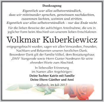 Traueranzeige von Volkmar Kuberkiewicz von Mitteldeutsche Zeitung Mansfelder Land