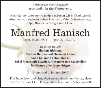 Traueranzeige von Manfred Hanisch von Mitteldeutsche Zeitung Merseburg/Querfurt